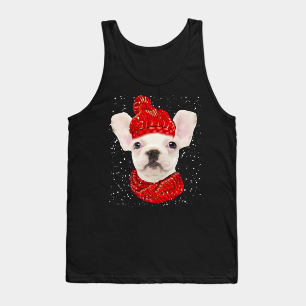 White French Bulldog Wearing Red Hat And Scarf Christmas Tank Top by Mhoon 